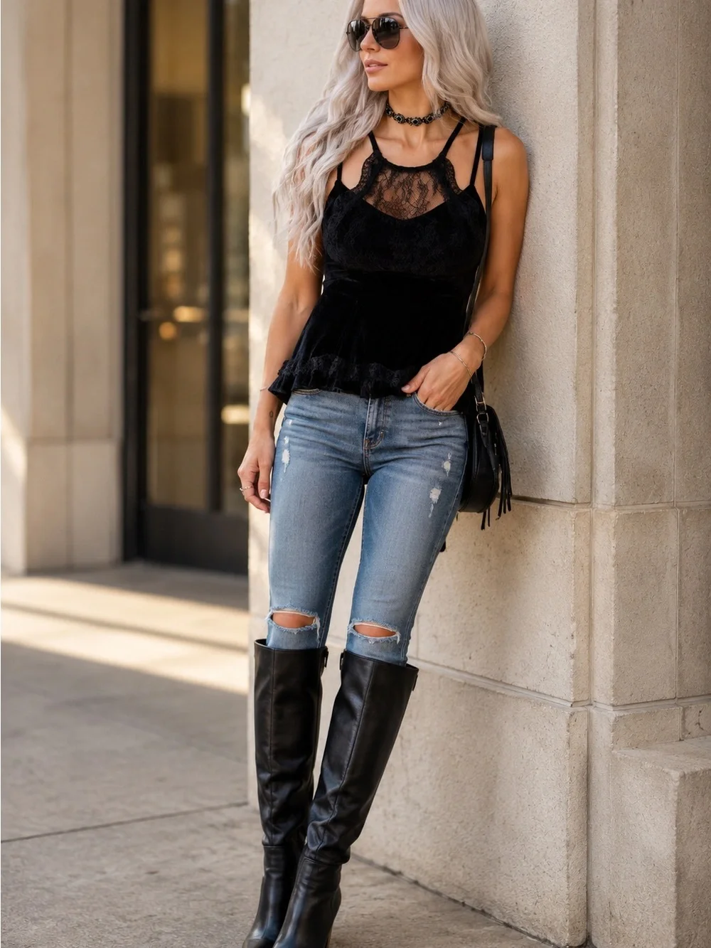 Free People Black Velvet Lace Strappy Tank Top NWT Size Large